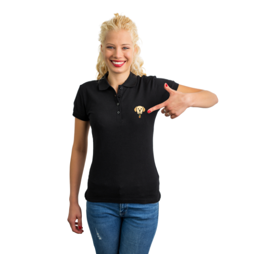 Woman pointing at Gizmo logo on shirt